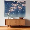 Retro Japanese Cherry Blossom Tapestry, Deep Indigo Flowers Wall Art Hanging Decoration Polyester Fiber White Ruffled Around For