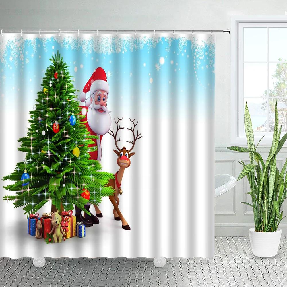 3D Red Santa Christmas Bathroom Shower Curtain New Year Party Xmas Wall Hanging Waterproof Polyester Bathtub Bath Curtains Decor