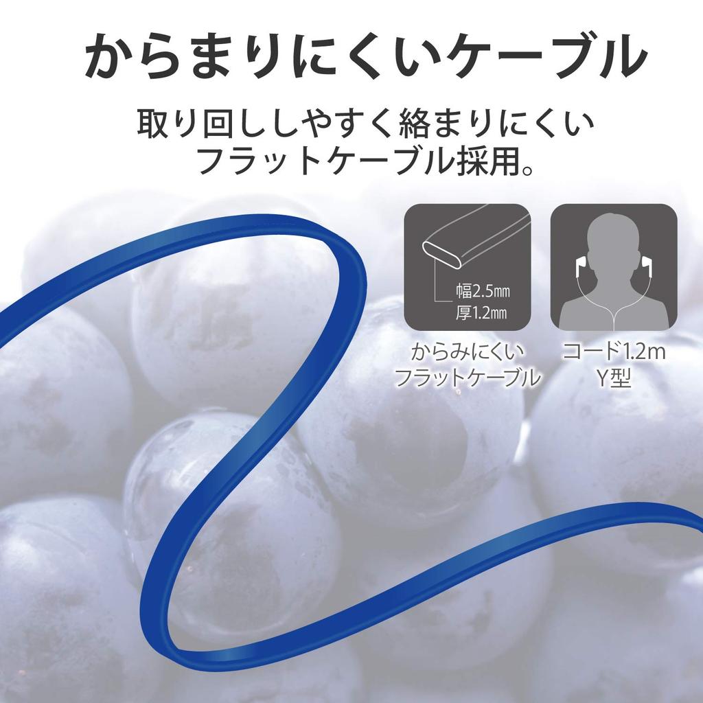 ELECOM Stereo Earphones, Tangle-Resistant Flat Cord, Y-Shaped, 9mm Drivers, Deep Blue, EHP-C3520BUD