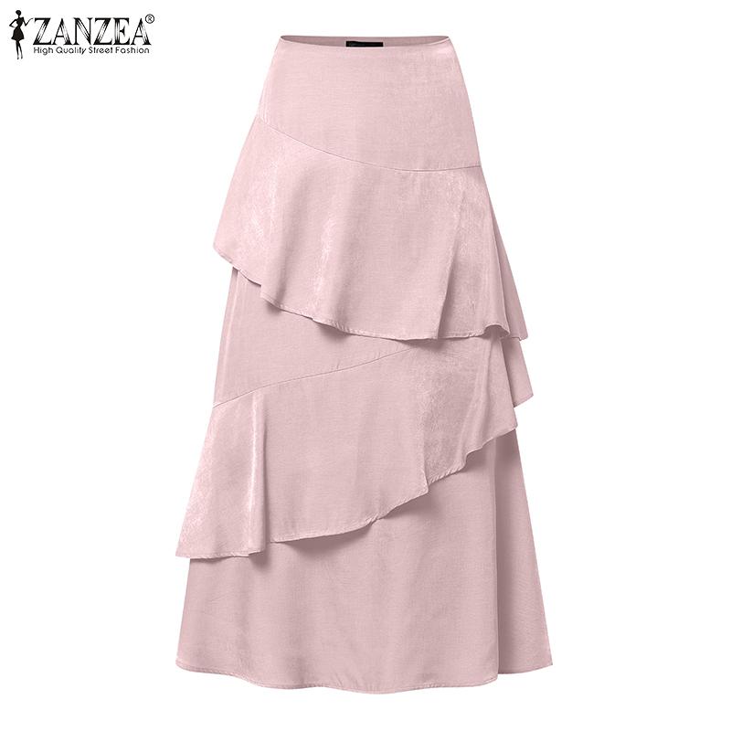ZANZEA Womens Casual Solid Color Loose Ruffles Long Skirts