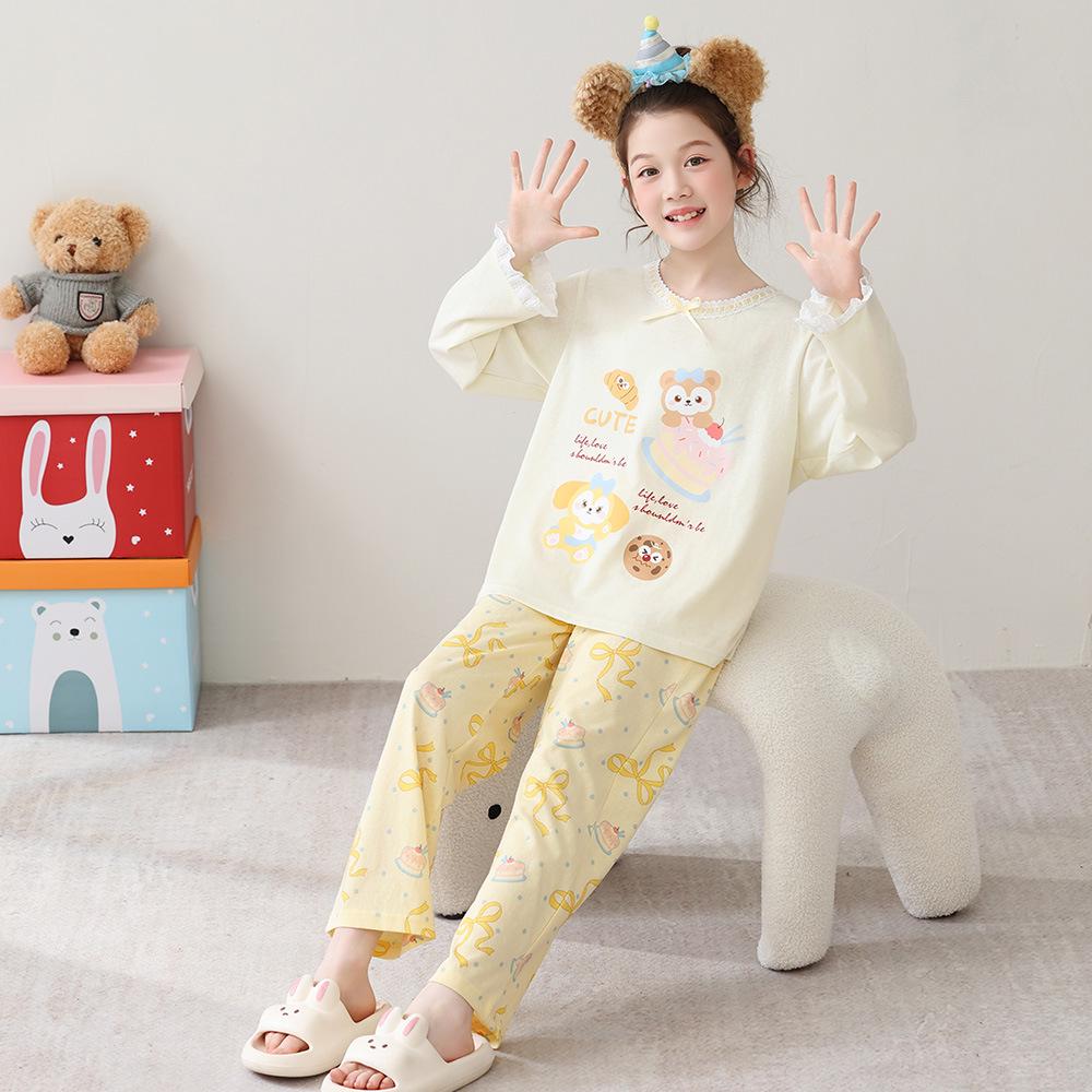 Korean Girls' Lace Long-Sleeve Cotton Pajama Set - Medium & Large Sizes for Spring/Autumn