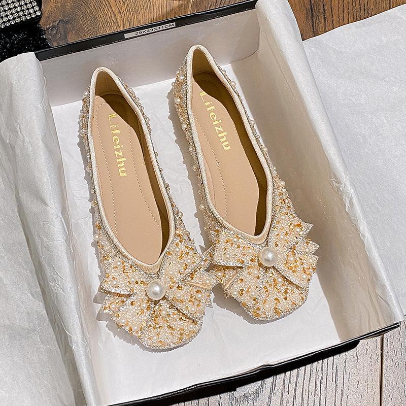 

Модные балетки с жемчужными заклепками и бантом, женские туфли-лодочки с открытым верхом и блестками, свадебные туфли для женщин, хрустальные лоферы слип-он, большой размер 43 35 абрикосовый