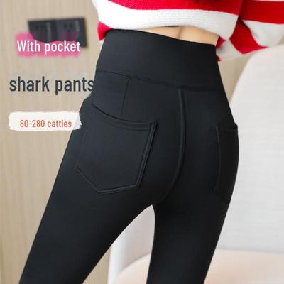 High Waist Black Shark Leggings - Plus Size Velvet Winter Pencil Pants