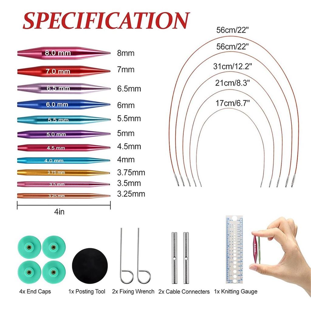 Short Interchangeable Knitting Needles Set, 2-Inch Metal Circular Knitting Needles Kit for Beginners, 12 Pairs