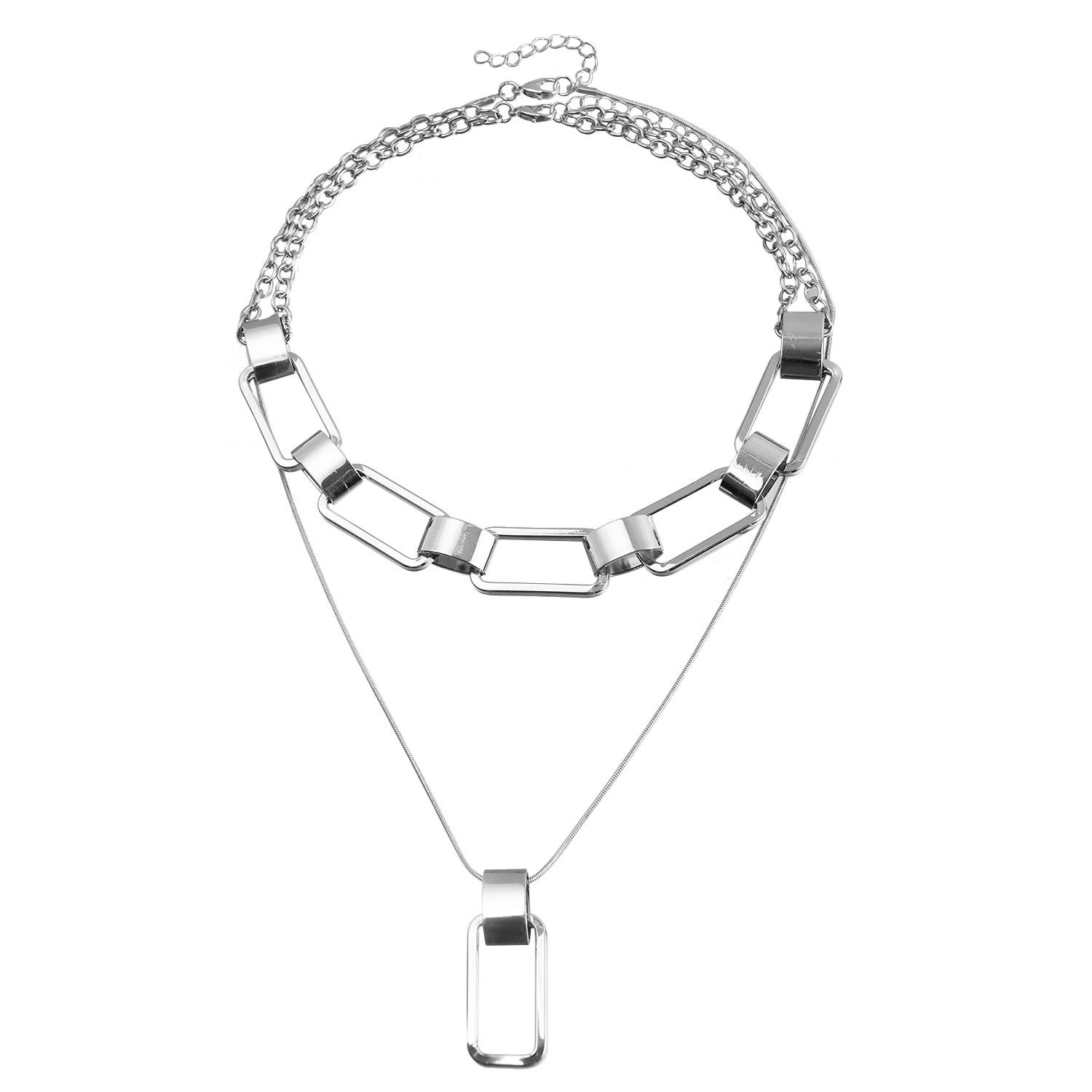 Street hip hop trendy splicing double-layer necklace exaggerated geometric hollow metal chain necklace