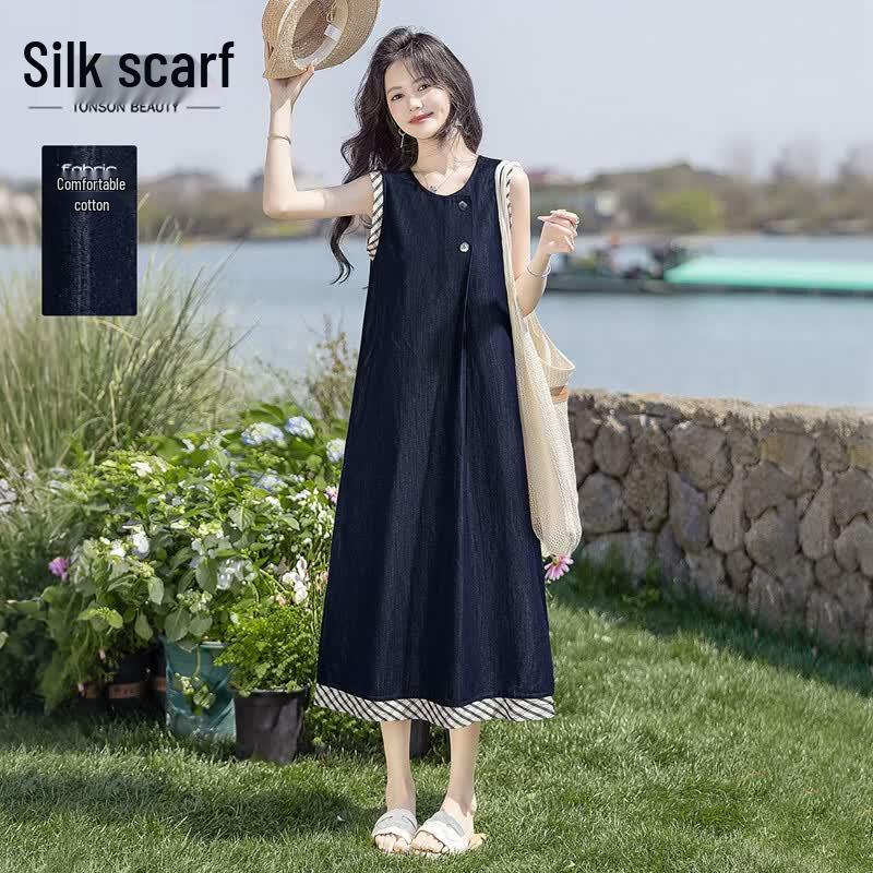 Women s Color Block Round Neck Sleeveless Midi Dress S
