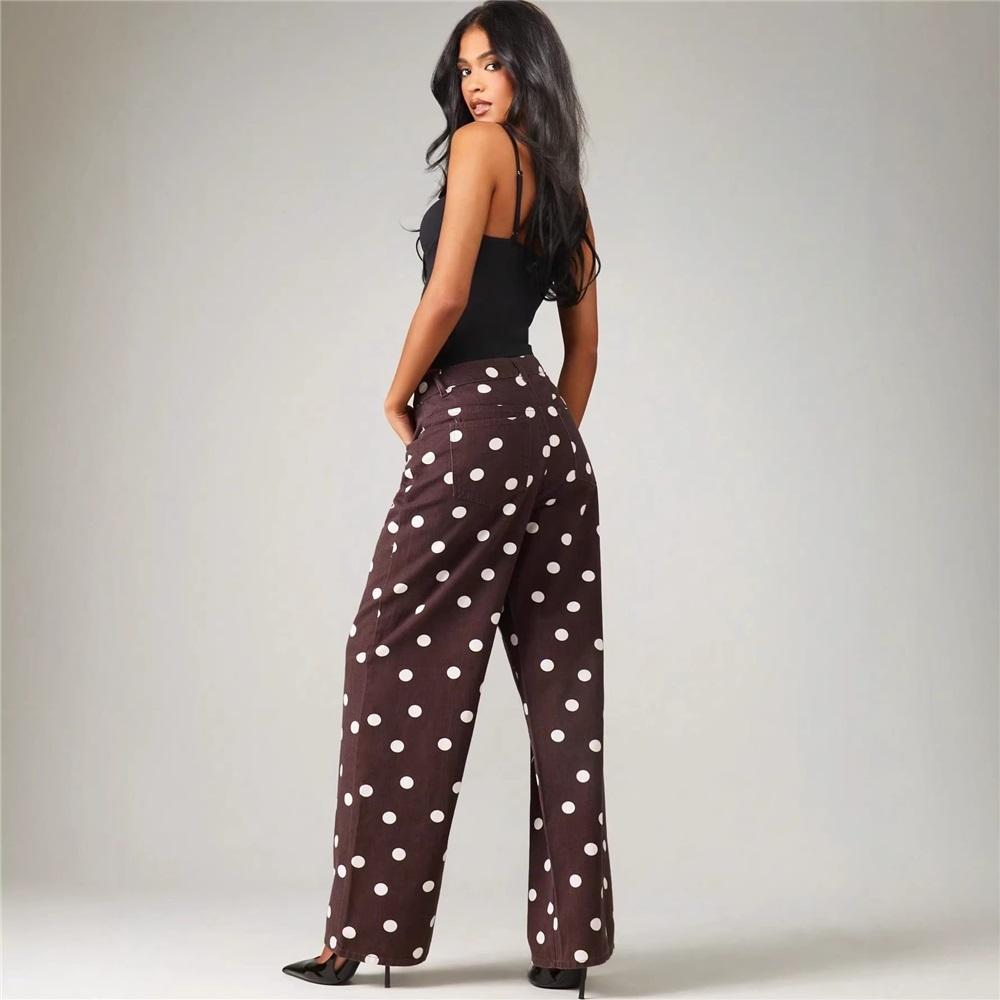 Fashionable Women's Polka Dot Loose Casual Mid-waist Denim Trousers