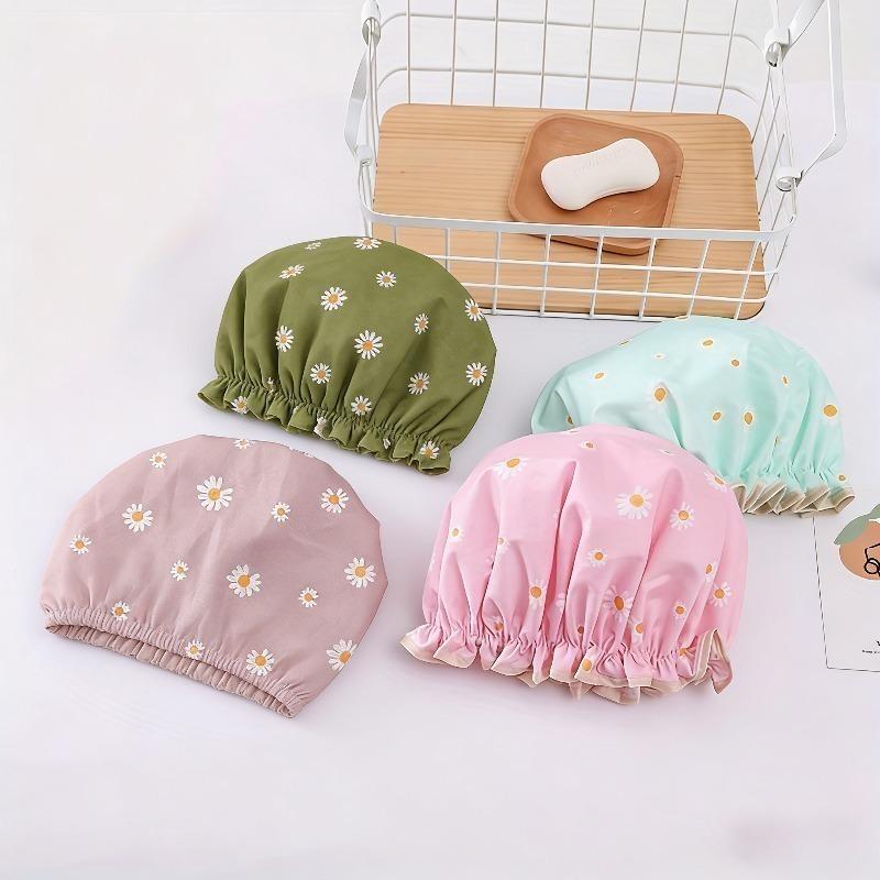 1pc Double Layer Shower Caps,Adjustable Printed Daisy Bonnet,Band Hair Hat for Women Ladies,Four Colors To Choose from