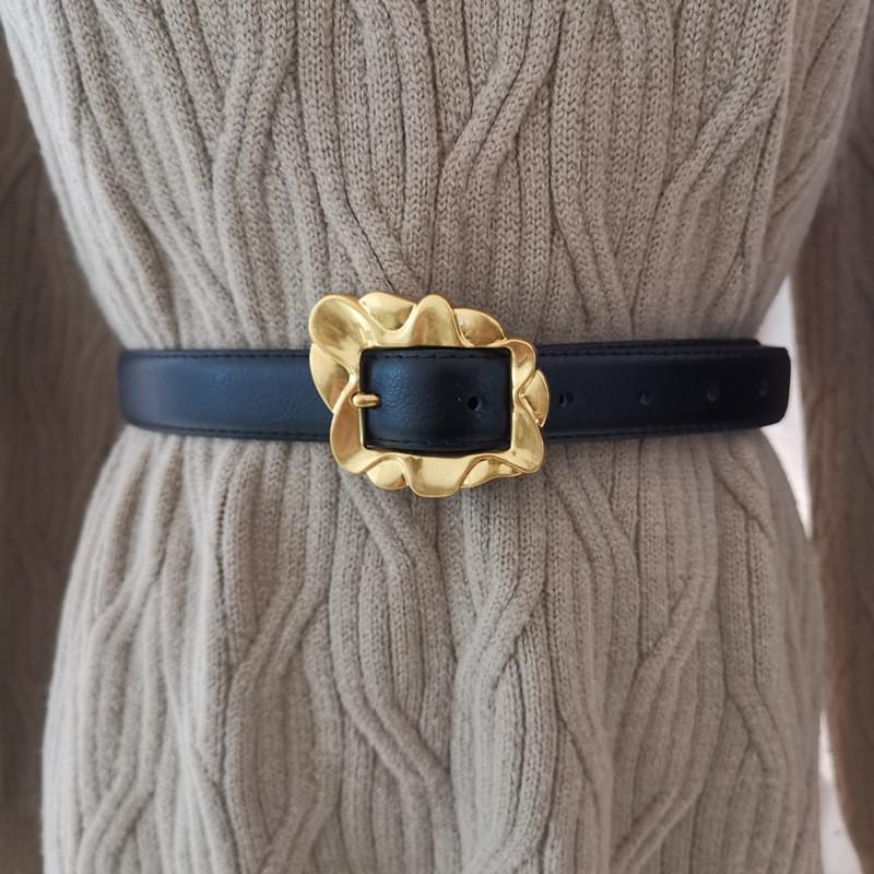 Leather Belt Women With Flowers Shaped Metal Buckle For Daily Casual Use Office