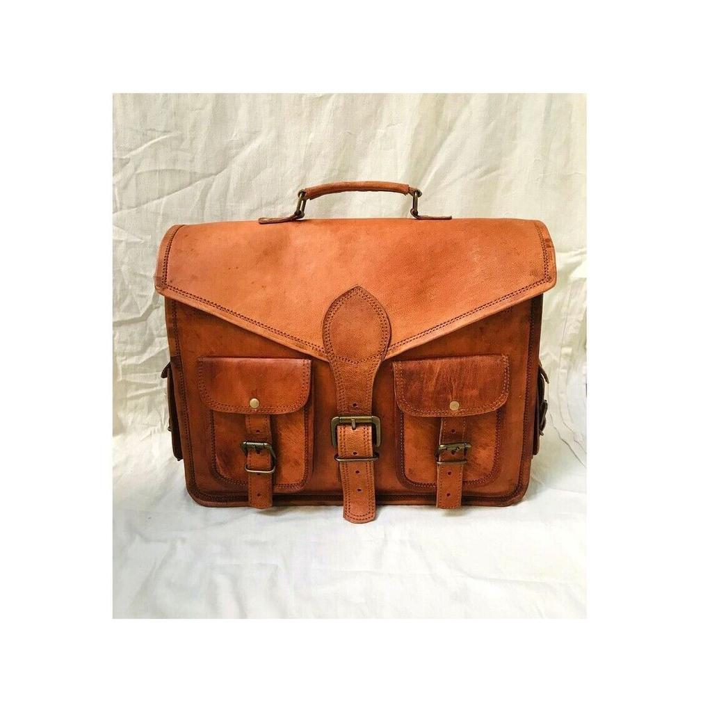 Brown Vintage Goat Leather Messenger Real Satchel Bag Genuine Laptop Briefcase