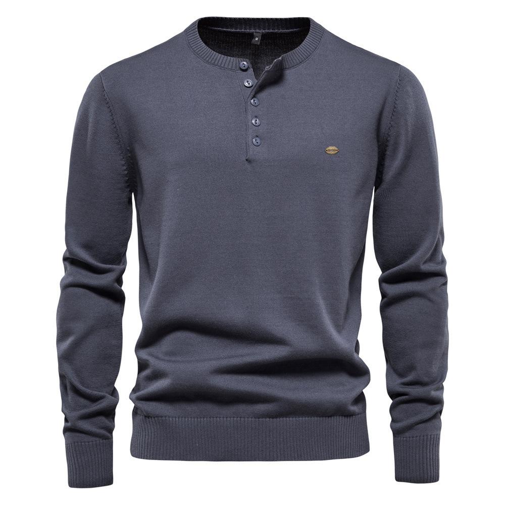 

New Autumn and Winter Men s Solid Color Henry Collar Pullover Knit Sweater S