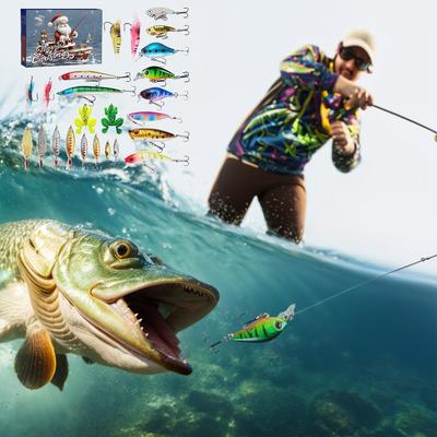 Fishing Lure Advent Calendar Saltwater Freshwater Lifelike Bait Set 3D Eyes Soft Plastic Hard Baits for Angler Holiday Gift Box