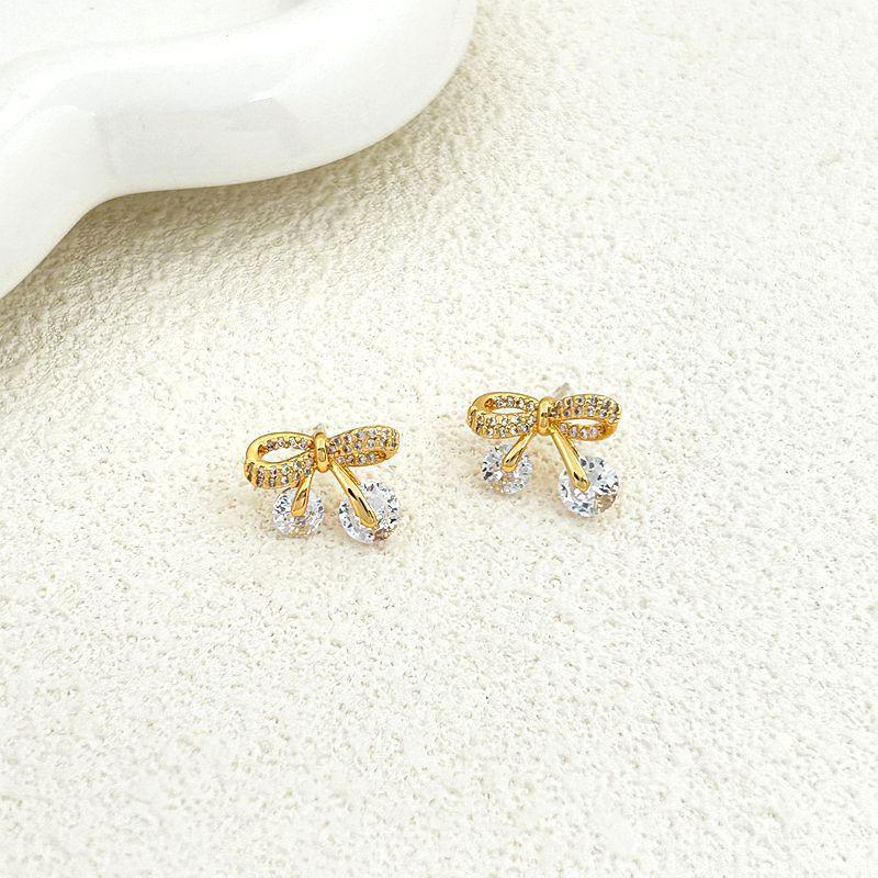 Sweet Bow Shape Full Diamond Zircon Stud Earrings золотой
