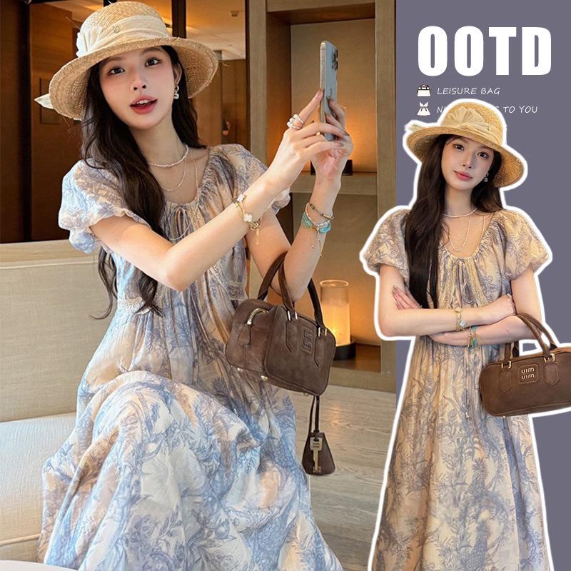 2026 Silk Floral V-Neck Lace Patchwork Maternity Dress with Puff Sleeves X-Large