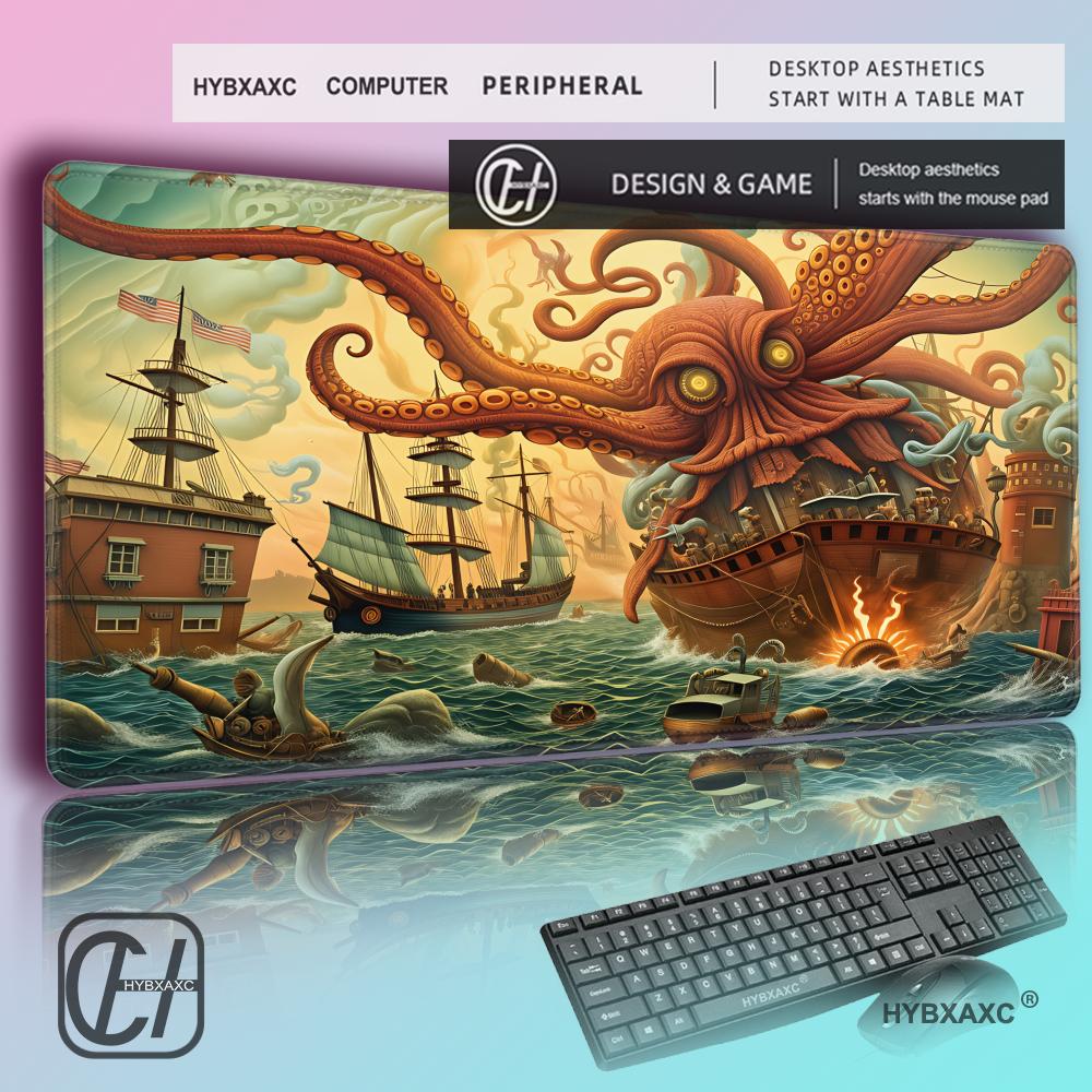 HYBXAXC Vintage Deep Sea Monster Extended Desk Mat Ocean Sea Monster Pattern Gaming MousePad Thick Lockedge Keyboard Mat