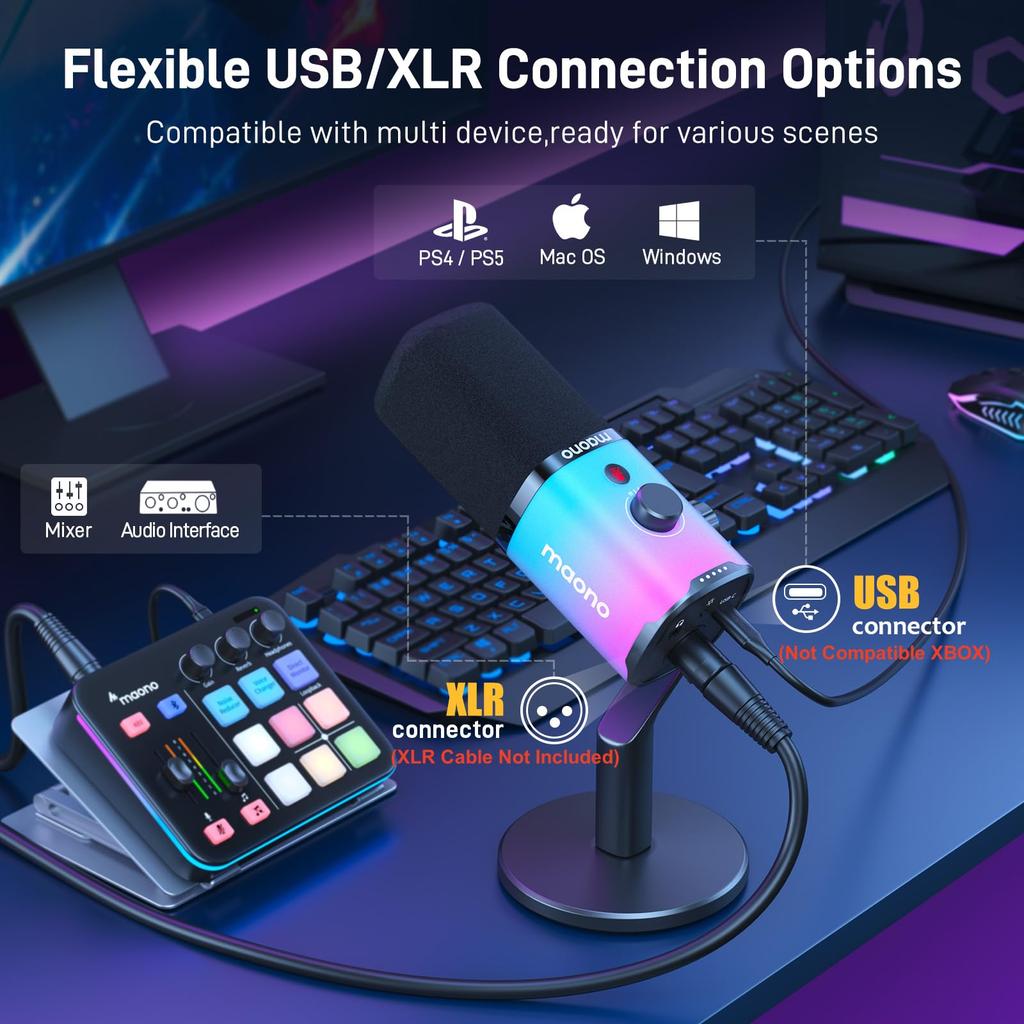 MAONO PD100X RGB Gaming with Mute for PC YouTube Voice Live and Game Commentary XLR/USB Microphone, Noise-Canceling, Dynamic, Unidirectional, Button,