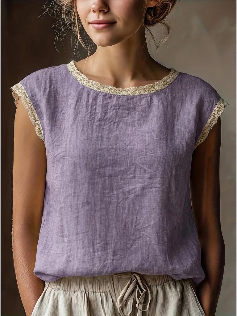 2026 Damen Retro Lockeres Ärmelloses Leinenhemd mit Spitzen-Patchwork
