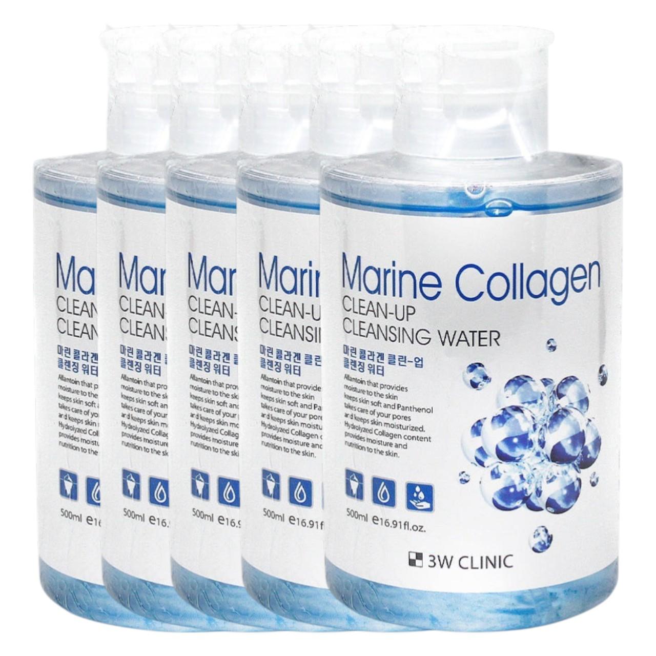 3W CLINIC Marine Collagen Clean-Up Cleansing Water [5 PCS Bulk Set] - Firming & Hydrating Makeup Remover 500ml x 5