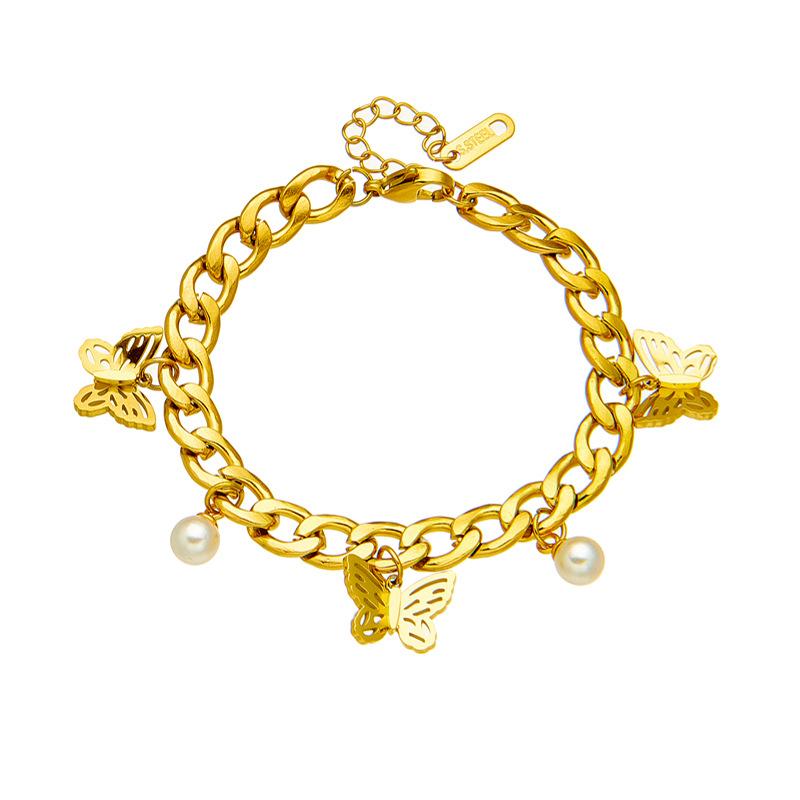 Gold Cuban Chain Butterfly Bracelet, Dainty Pearl Charm Link Bracelet, Elegant Adjustable Jewelry for Women Daily Wear Gift