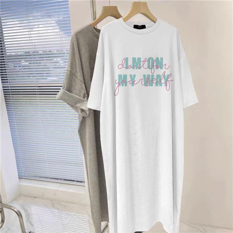 Medium and Long Knee-length Pure Cotton Gray Short-sleeved Dress Women's Summer New Foreign Style Loose Split-ended T-shirt Skirt