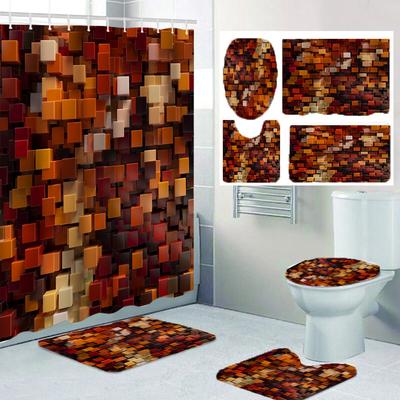 1/4 Geometric Blocks Shower Curtains, Toilet Seat Decoration, Shower Curtain With Carpet And Toilet Lid, 12 70.8X70.8 Inch Hooks