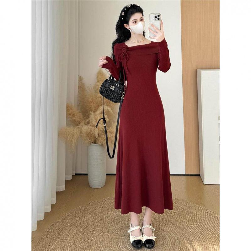 

Elegant Gold Lady Knit Dress 2026: Waist-Cinching, Square Neck, Slimming, Long Style Medium чёрный