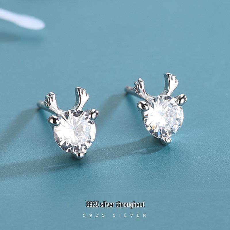 Banyan Tree S925 Silver Deer Antler Diamond Earrings - Korean Style Cute Elk Design for Women