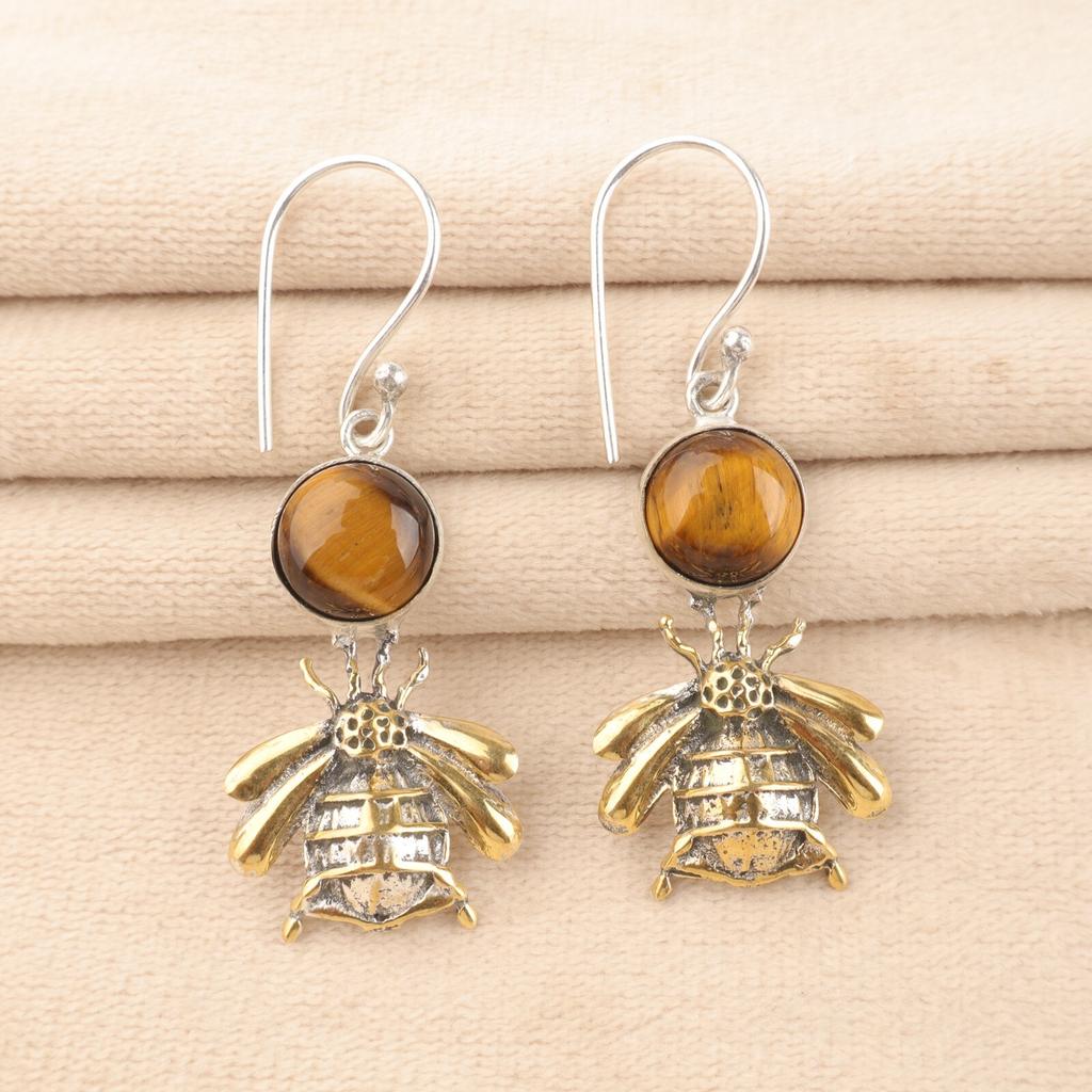 Natural Yellow Tiger Eye Gemstone 925 Stamped Silver Handmade Dangle Earrings 2" EE-154-31