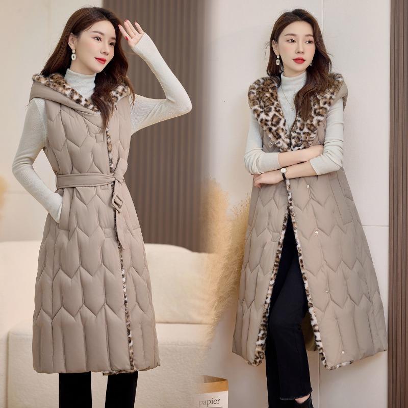 

Leopard print plus slim-fit hooded cotton vest to keep warm in autumn and winter women s long and thin double-sided down cotton vest vest XXL хаки