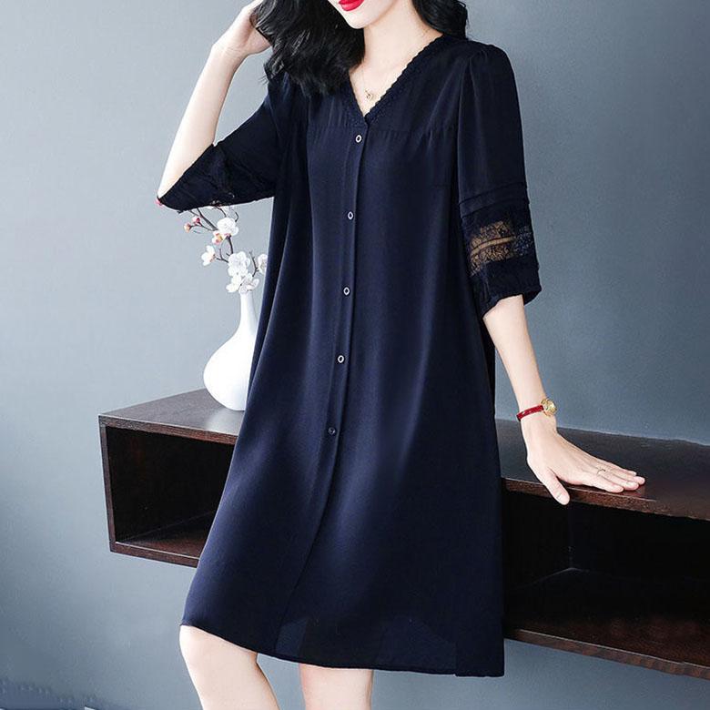 Black Dress Women's Loose Large Size Summer Dress Medium Length Solid Casual Lace Hollow Out Dress