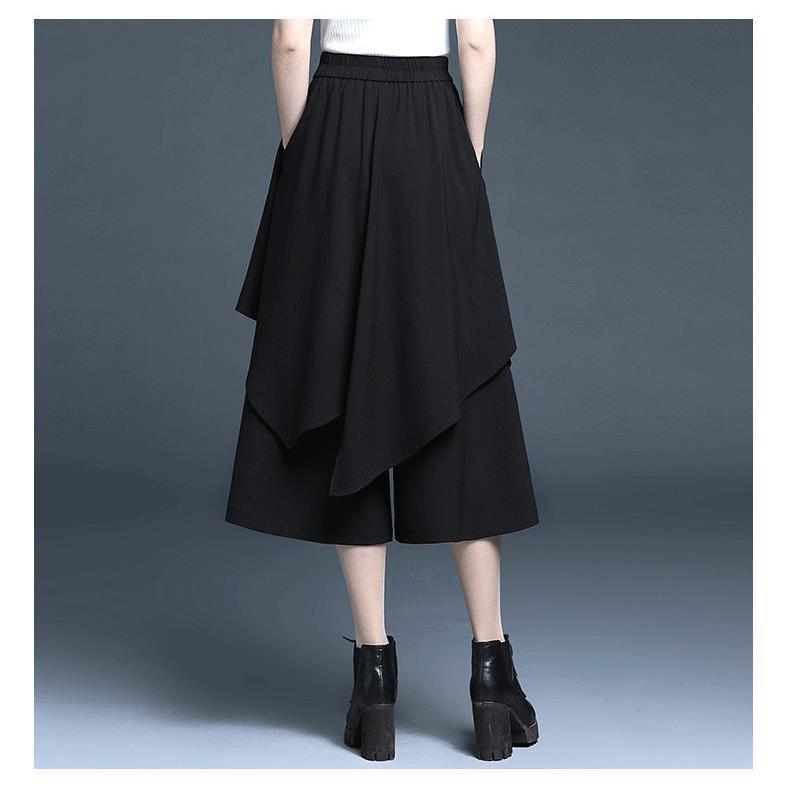 Elastic Waist Chiffon 7/10 Pants in Black - Summer Wide Leg Stylish High-Waist Loose Fit Slimming Casual Trousers for Women