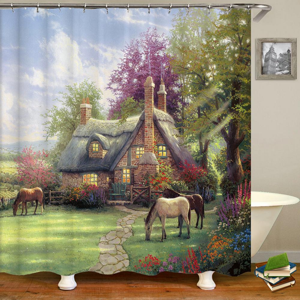 Rural Garden Scenery Shower Curtains Street Stone House Bathroom Curtain Waterproof Cloth Decoration Made Of Polyester Washroom Decor