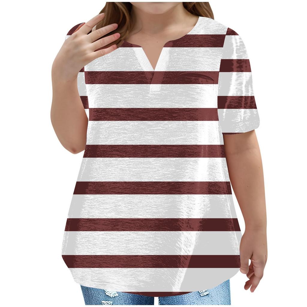 Children's Plus-size T-shirt Casual Fashion V-neck Short-sleeved Pocket Top