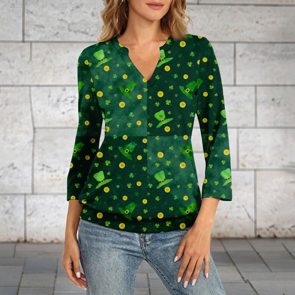 Damen 3/4-Arm Oberteil mit Bündchensaum, V-Ausschnitt, Sommer Freizeit-T-Shirt, St. Bedrucktes Oberteil zum St. Patrick's Day