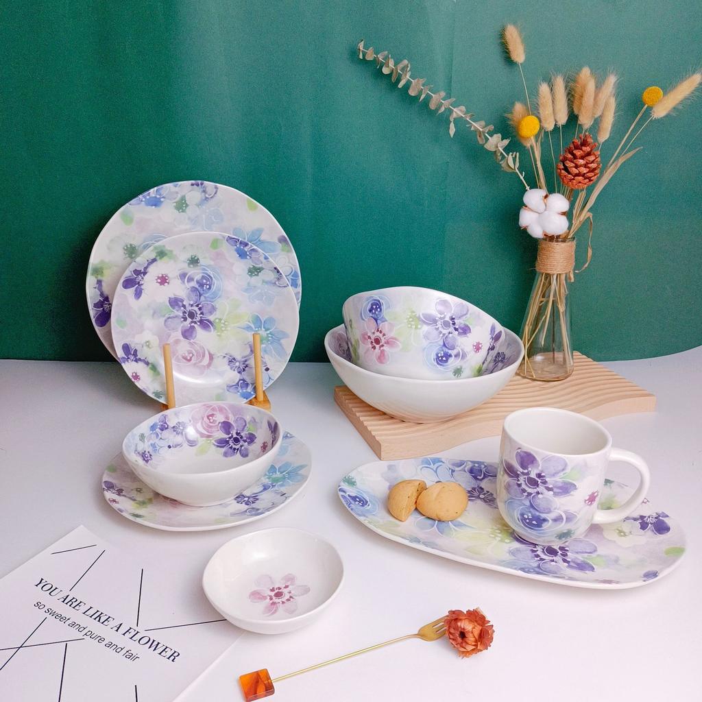 Keramikschale im japanischen Stil mit Blumenmuster, unregelmäßiger Teller, hoher Wert, großes Fassungsvermögen, Suppenschale, Salatschüssel, Frühstücks-Dessertteller, Fischteller