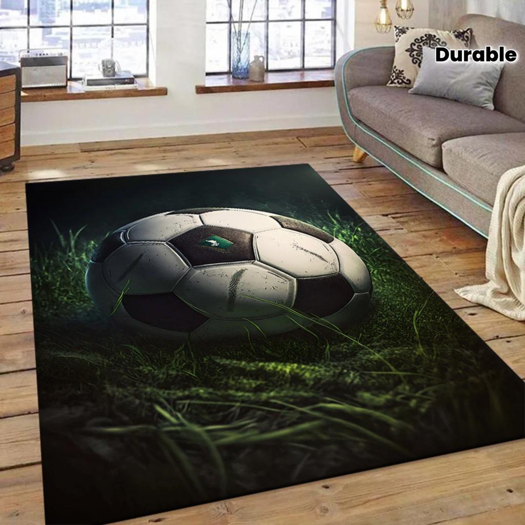 Flanelový koberec s potiskem fotbalového míče na trávě Odolný měkký koberec pro sportovní fanoušky Obývací pokoj Ložnice Dětský pokoj Dekorace Moderní design
