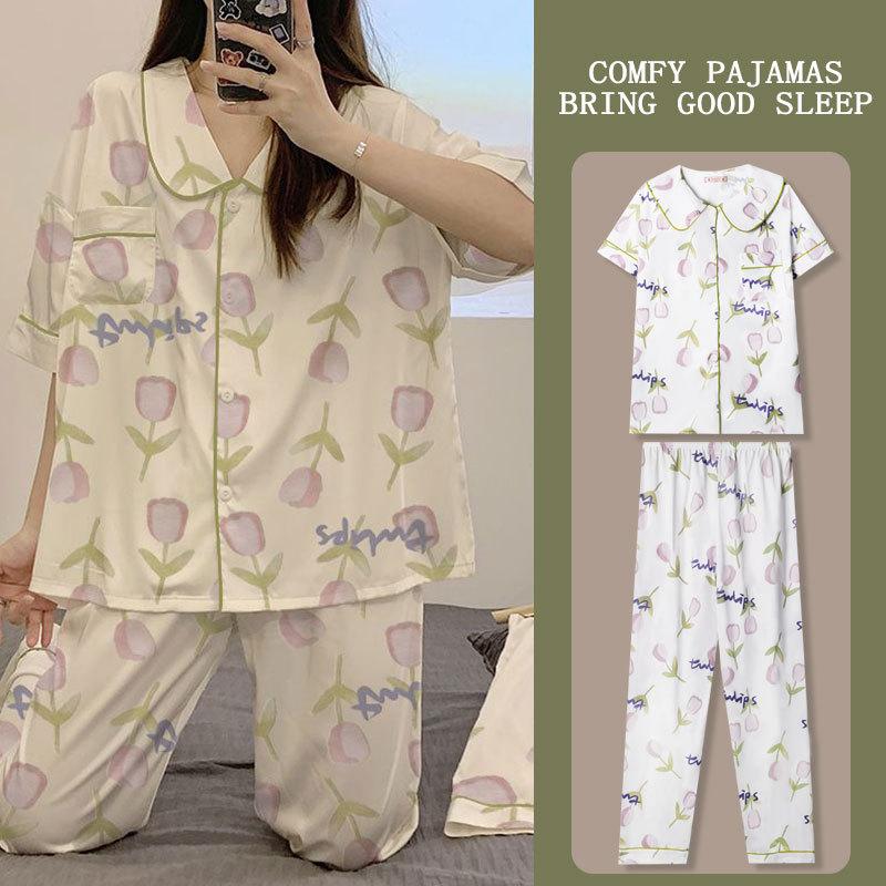Women'S Pajamas Summer Cardigan Sweet And Gentle Tulip Short-Sleeved Trousers Loose Large-Size Loungewear Can Be Worn Outside