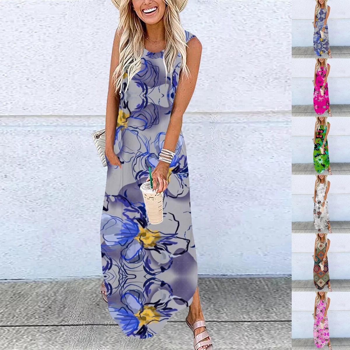 

2023 летнее новое модное женское платье с круглым вырезом, повседневное длинное платье с принтом больших размеров, S-2XL