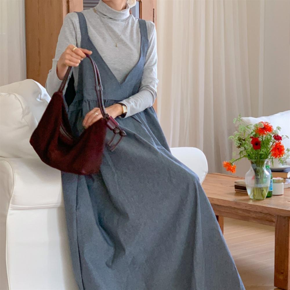New Arrivals Open Run Women Layered Wrap Camisole Denim Long Dress