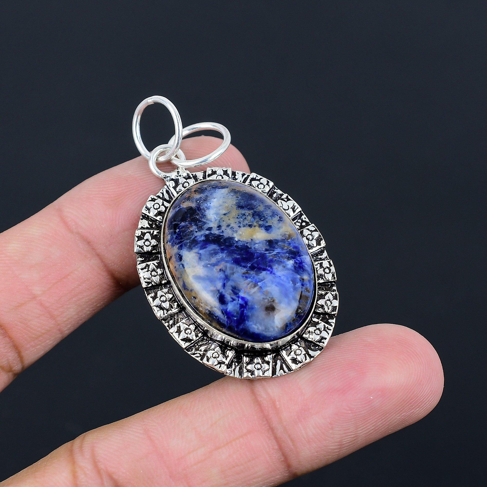 Easter Deal Sterling Silver Natural Sodalite Bezel Trendy Unique Pendant Jewelry