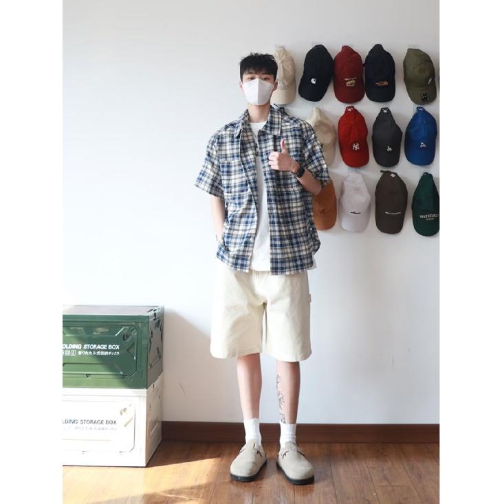 Kariertes Hemd Herren Sommer Japanisch Retro Locker Lässig Fünfviertelärmelhemd Amerikanische High Street Trendmarkenjacke