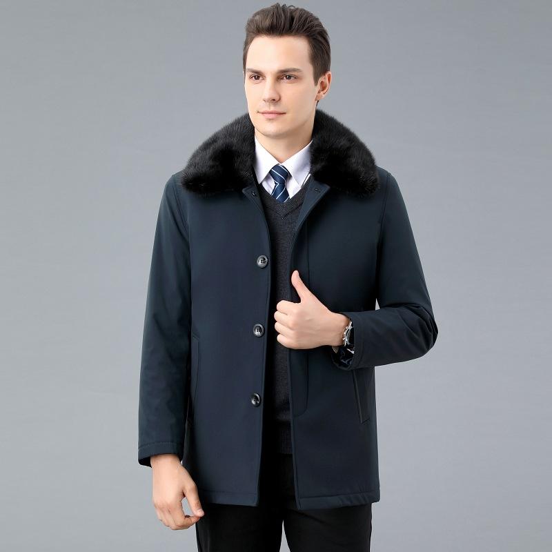 

Зимнее утепленное мужское пальто Nick средней длины с воротником из лисьего меха и съемной подкладкой из золотистой норки 195