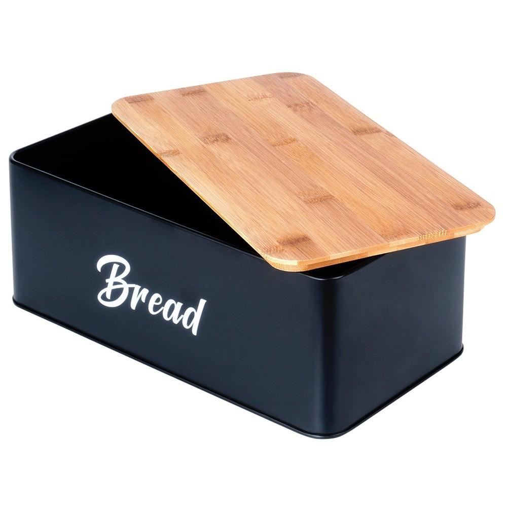 Black Metal Bamboo Bread Bin Kitchen Container for Bread
