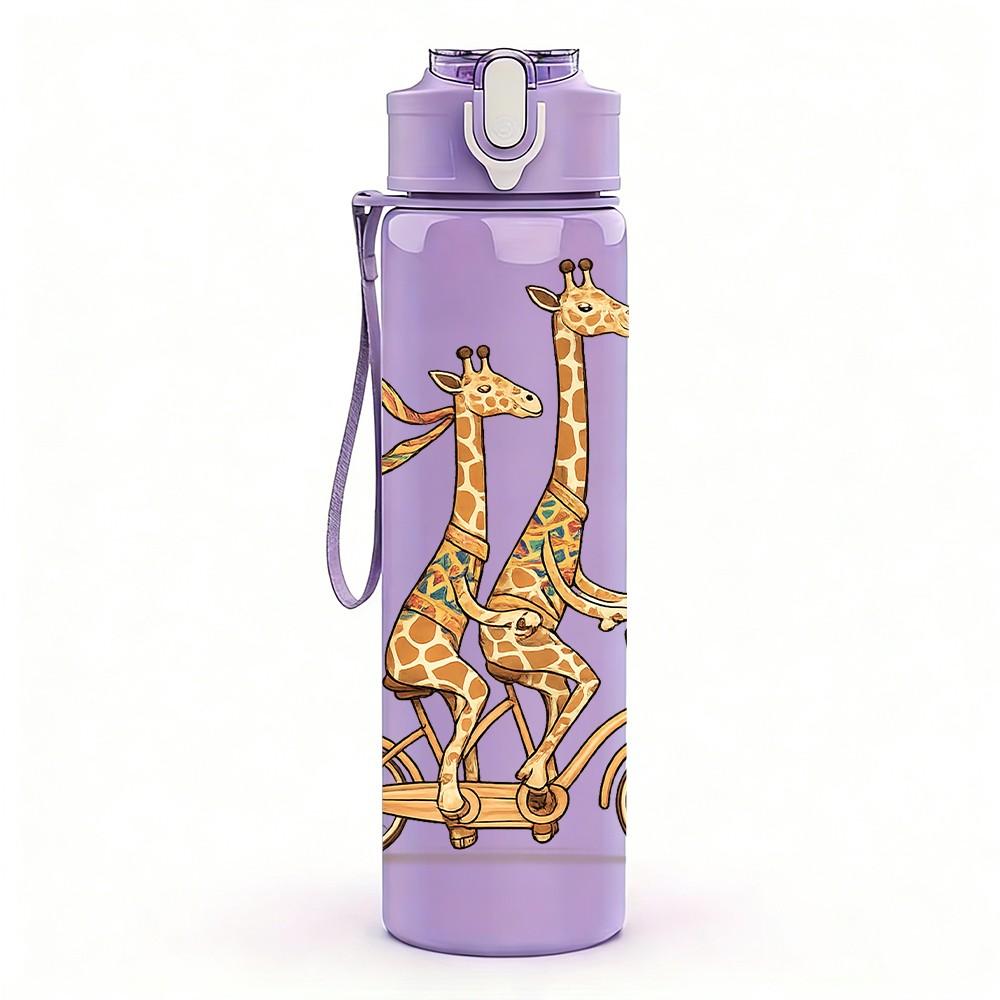 1PC Giraffe Riding Bicycle Funny Print 750ml Color Plastic Sports Water Bottle Leakproof Flip Straw Lid Suitable for Sports Office Home Use