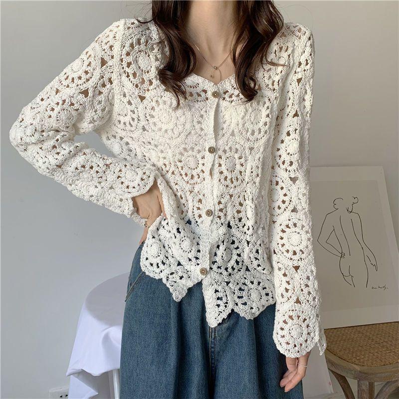 

Жіночий в язаний светр Весна Осінь Ажурний Довгий рукав Гачком Мереживо Тонкий Топ Кардиган Верхній одяг one size білий