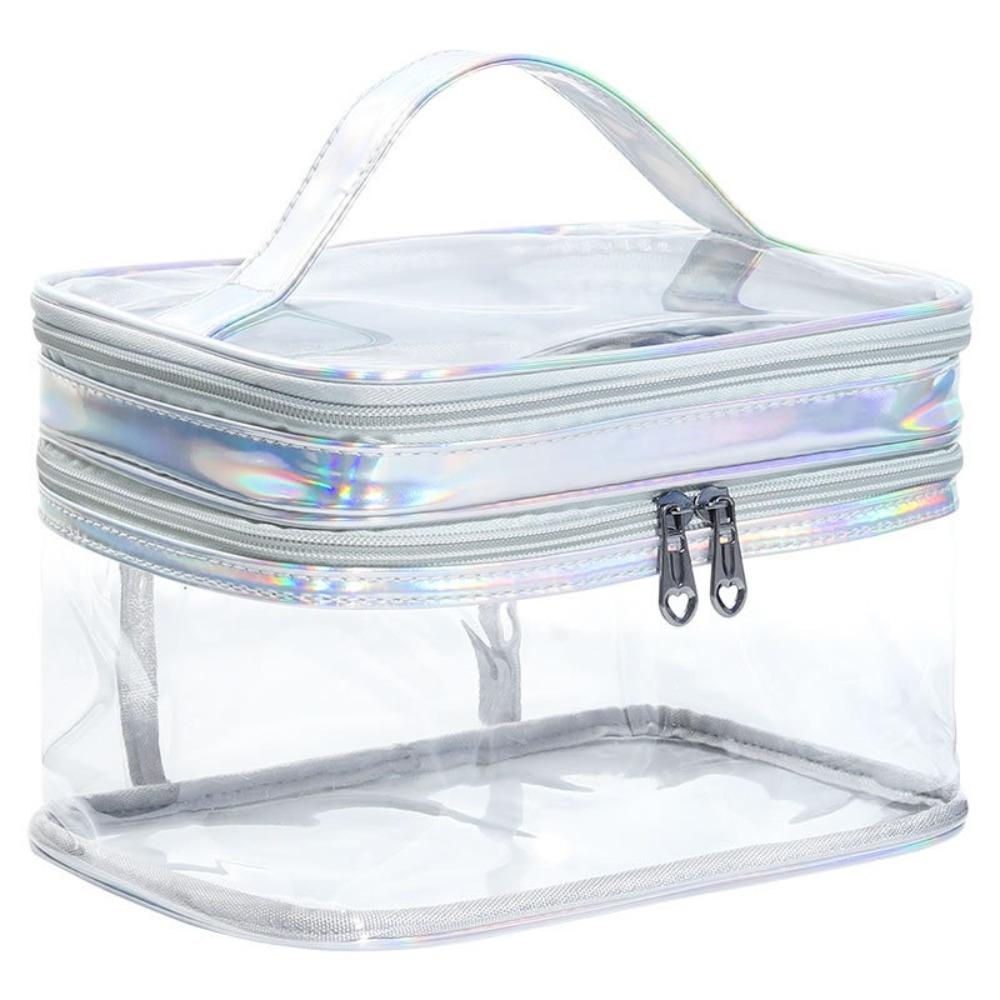 

PVC Makeup Bag Two Layers Cosmetic Organizer Bag Simple Transparent Cosmetic Box Travel срібний