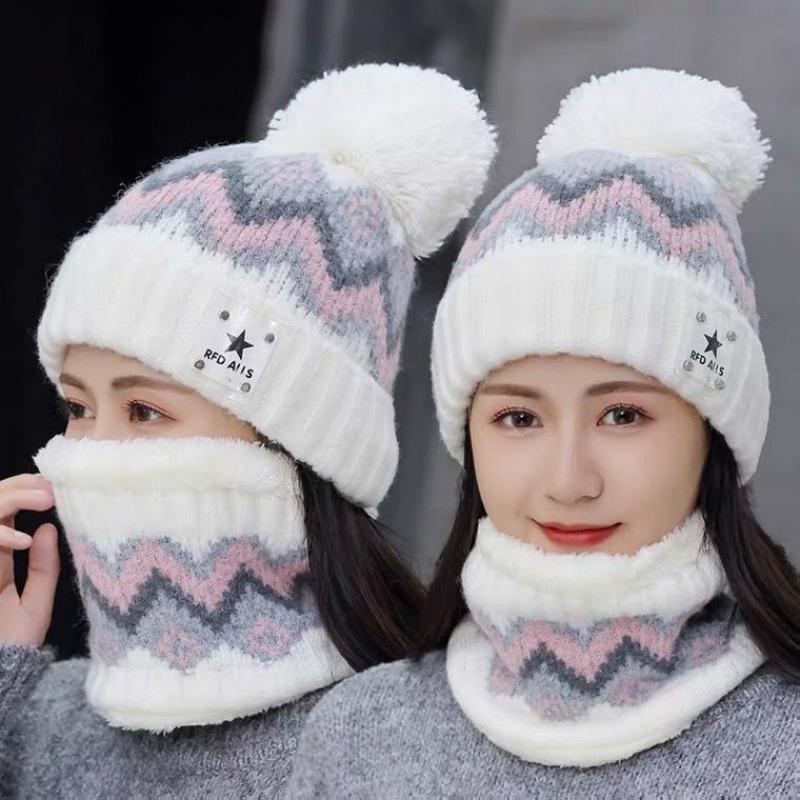 Hat Women's Autumn and Winter Casual Ear Protector Wool Hat Thickened Plush Warm Hairball Student Cycling Knitted Hat