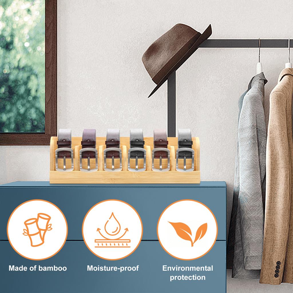 Caixa Organizadora de Cintos 6 Compartimentos Suporte de Armazenamento de Cintos para Guarda-Roupa e Gaveta Economiza Espaço Exibidor de Bambu para Gravatas e Cintos para Homens Mulheres