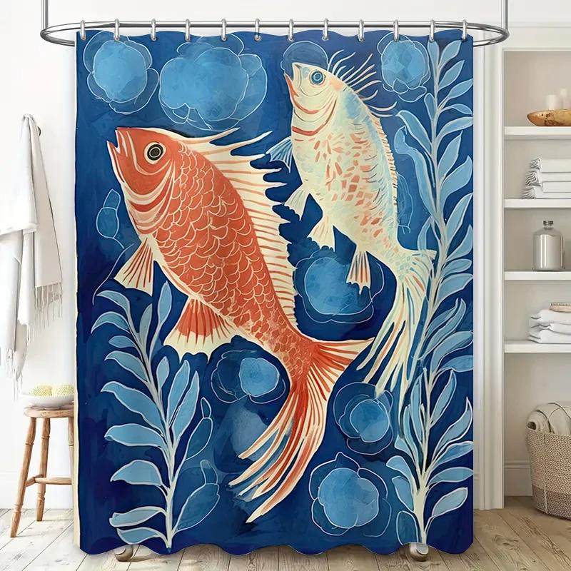

Beautiful Fish Printed Shower Curtain Waterproof Bathroom Decor Luxury Artistic Design For Home Use Navy Blue Color W60H190(CM)-1 Pcs