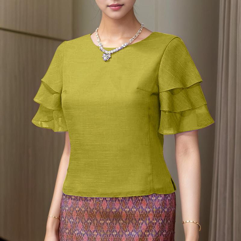 

ZANZEA Женская летняя блузка с круглым вырезом, оборками и короткими рукавами, повседневная 3XL зелёный